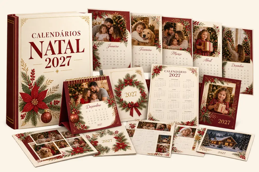 Coleção Calendários Natal 2027 com e-book à esquerda e calendários em cascata à direita